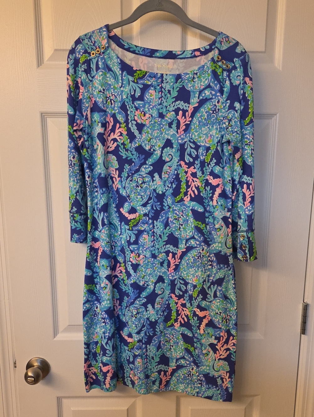 Lilly Pulitzer Blue Shift Dress with Pink & Aqua Accents with Gold Tone Buttons
